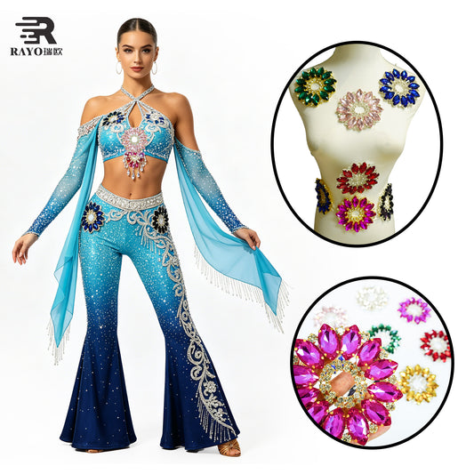 RAYO Colorful Round Flower Rhinestone Applique 11x11cm Flatback Sew On Glue On Crystal Patch For Women Dress Bags Shoes Clothes DIY Decoration