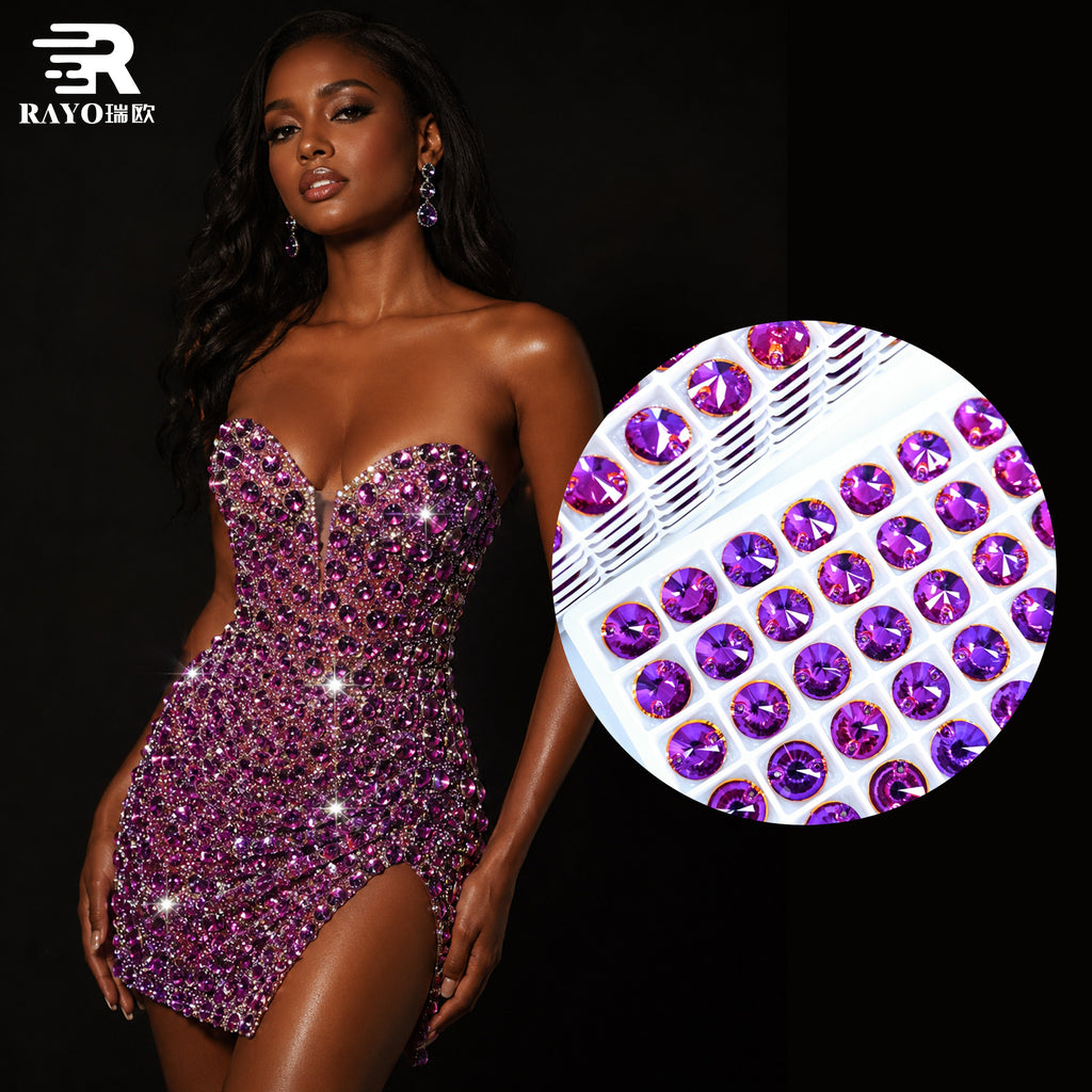 RAYO Satellite Round K9 Glass Sew On Rhinestones Two Holes Flat Back For Wedding Dress Shoes Bags DIY Garment Decoration