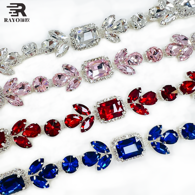 RAYO Colorful Mixed Shape Crystal Motif Cup Chain Roll Trim Sew On For Wedding Evening Dress Stage Costume DIY Clothing Decoration