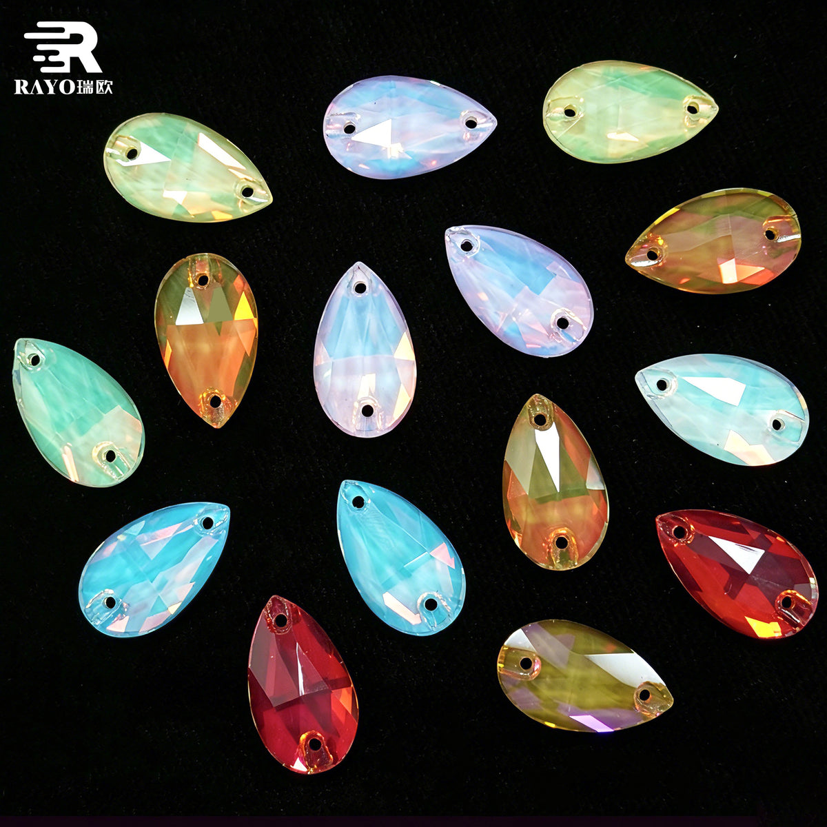 RAYO Teardrop K9 Glass Sew On Rhinestones Multi Color Flat Back Two Holes For Dress Shoes Bags DIY Clothing Decoration