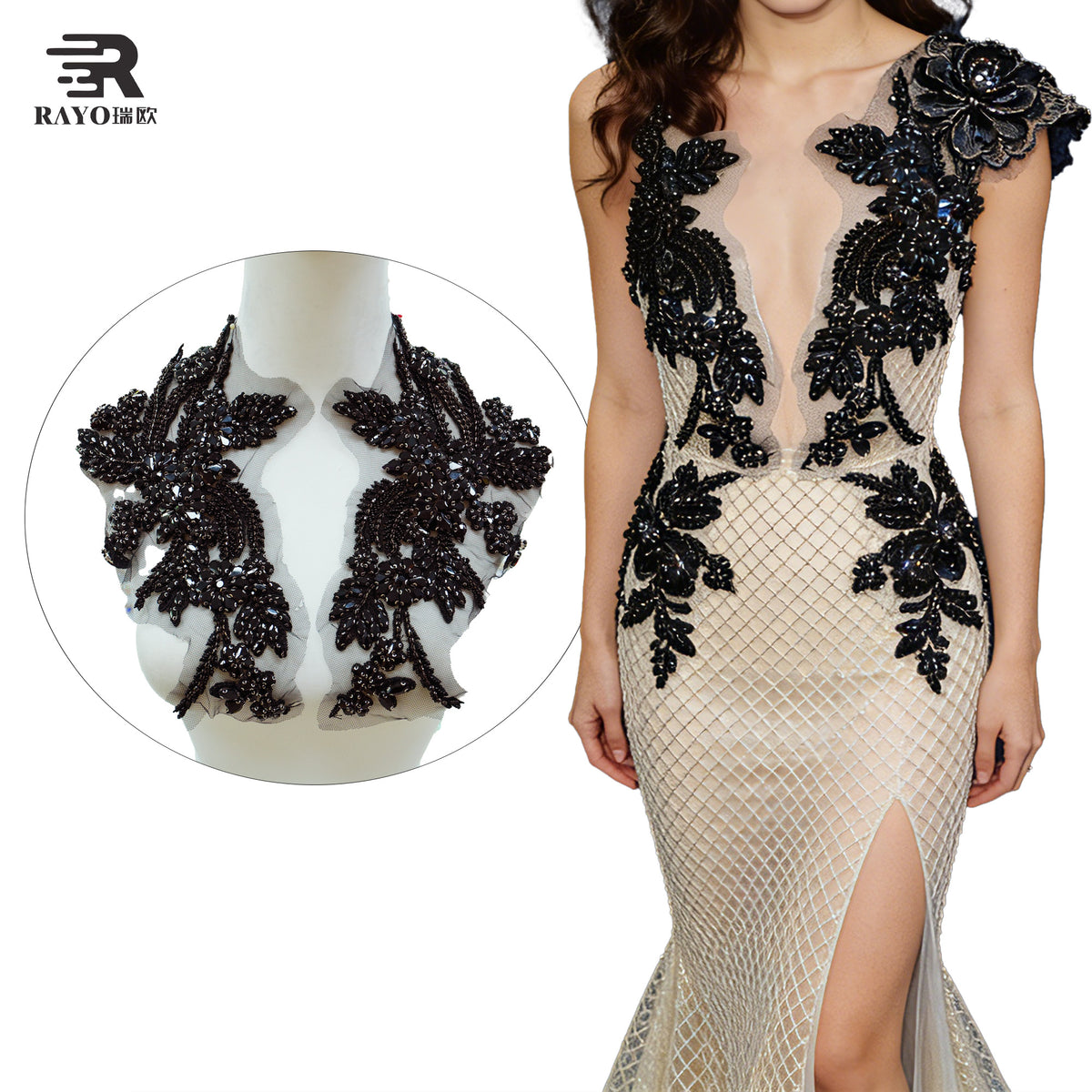 RAYO New Luxury Handmade 3D Rhinestone Applique Adhesive Mesh Base Sew On Glue On Crystal Patch For Wedding Evening Dress Stage Costume DIY Clothing Decoration