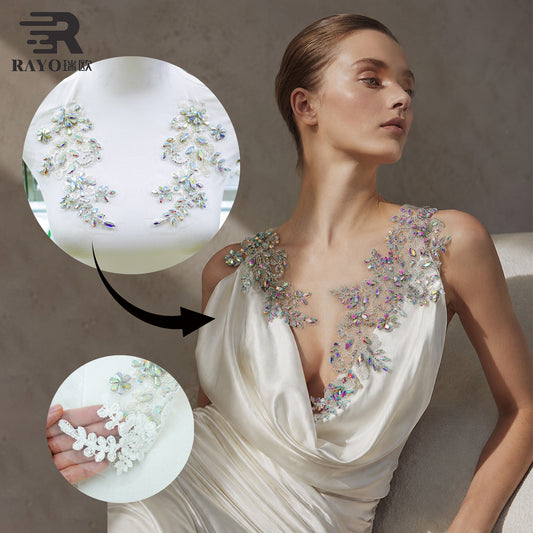 RAYO Flower Rhinestone Applique Patches Wholesale Custom Adhesive Mesh Base Sew On Glue On Crystal Flower Patch For Wedding Dress Garment Bags Shoes DIY Decoration