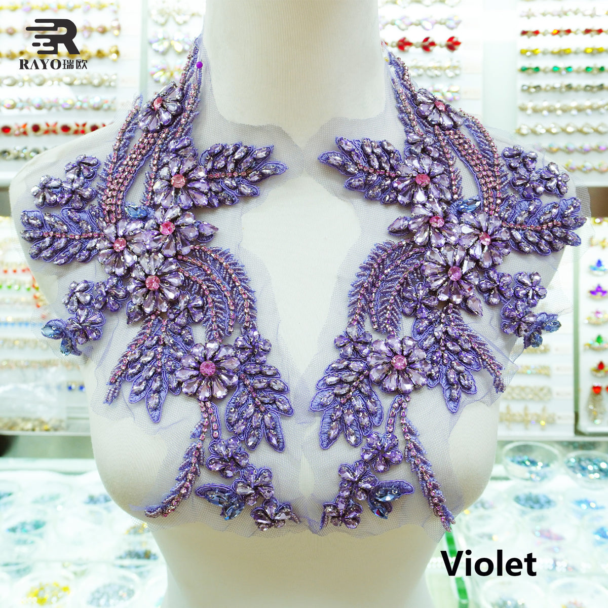 RAYO New Luxury Handmade 3D Rhinestone Applique Adhesive Mesh Base Sew On Glue On Crystal Patch For Wedding Evening Dress Stage Costume DIY Clothing Decoration