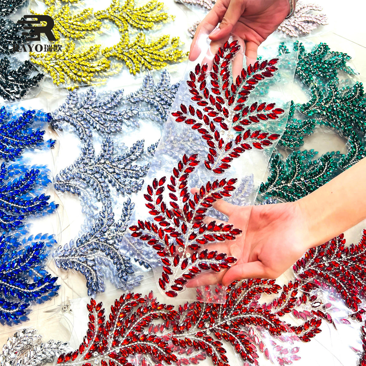 RAYO Newest Handmade 3D Floral Leaf Rhinestone Applique Adhesive Base Sew On Glue On Crystal Patch For Dress Bags Shoes DIY Clothing Decoration