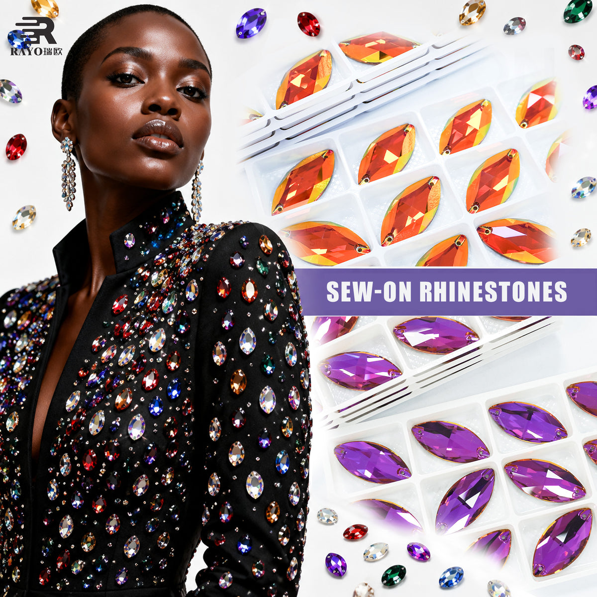 RAYO Marquise Flat Back Sew On Glass Rhinestones Multi Color Mixed Shapes For Dress Shoes Bags DIY Garment Decoration