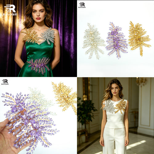RAYO Fashion Custom 3D Copper Wire Twisted Rhinestone Applique Adhesive Mesh Base Sew On Glue On Crystal Patch For Wedding Evening Dress Stage Costume DIY Clothing Decoration