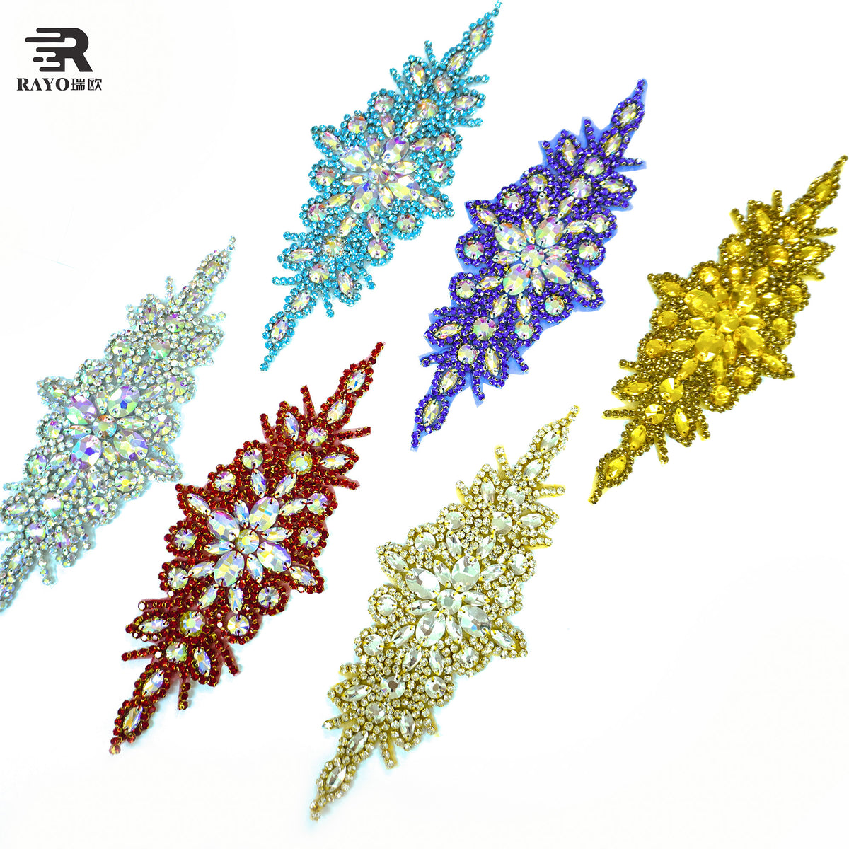 RAYO Multi Color Glass Rhinestone Applique Flatback Sew On Hot Fix Leaf Crystal Patch For Wedding Evening Dress Costume Decoration