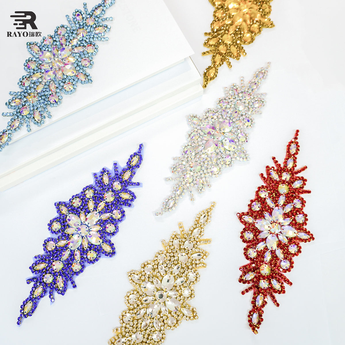 RAYO Multi Color Glass Rhinestone Applique Flatback Sew On Hot Fix Leaf Crystal Patch For Wedding Evening Dress Costume Decoration