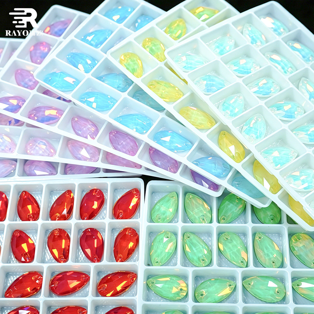 RAYO Teardrop K9 Glass Sew On Rhinestones Multi Color Flat Back Two Holes For Dress Shoes Bags DIY Clothing Decoration