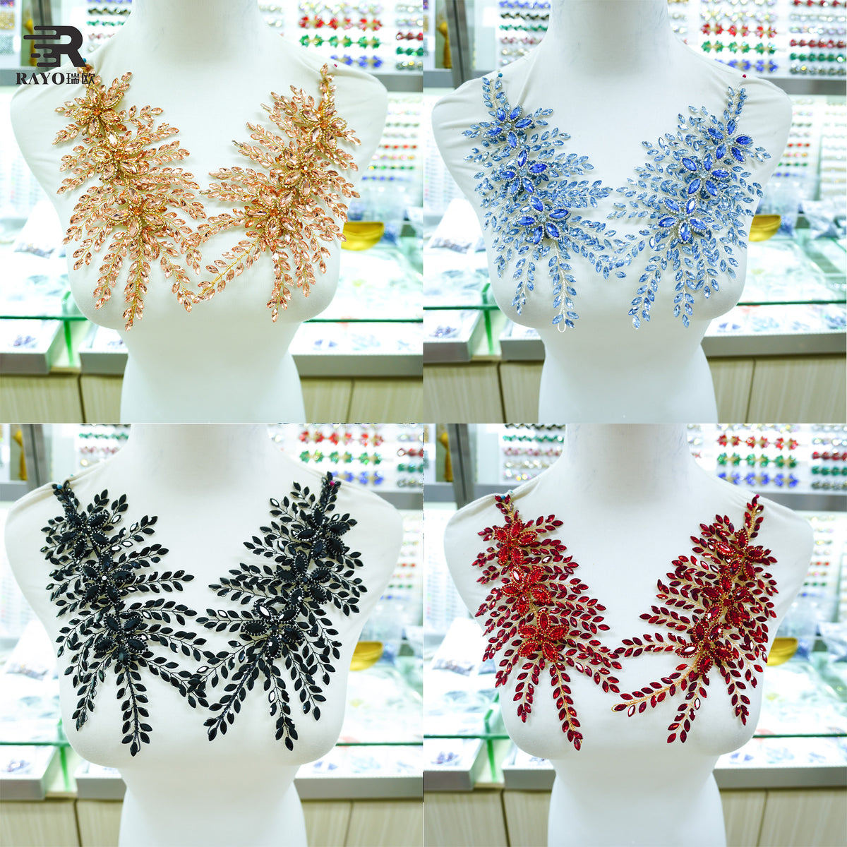 RAYO Fashion Custom 3D Copper Wire Twisted Rhinestone Applique Adhesive Mesh Base Sew On Glue On Crystal Patch For Wedding Evening Dress Stage Costume DIY Clothing Decoration