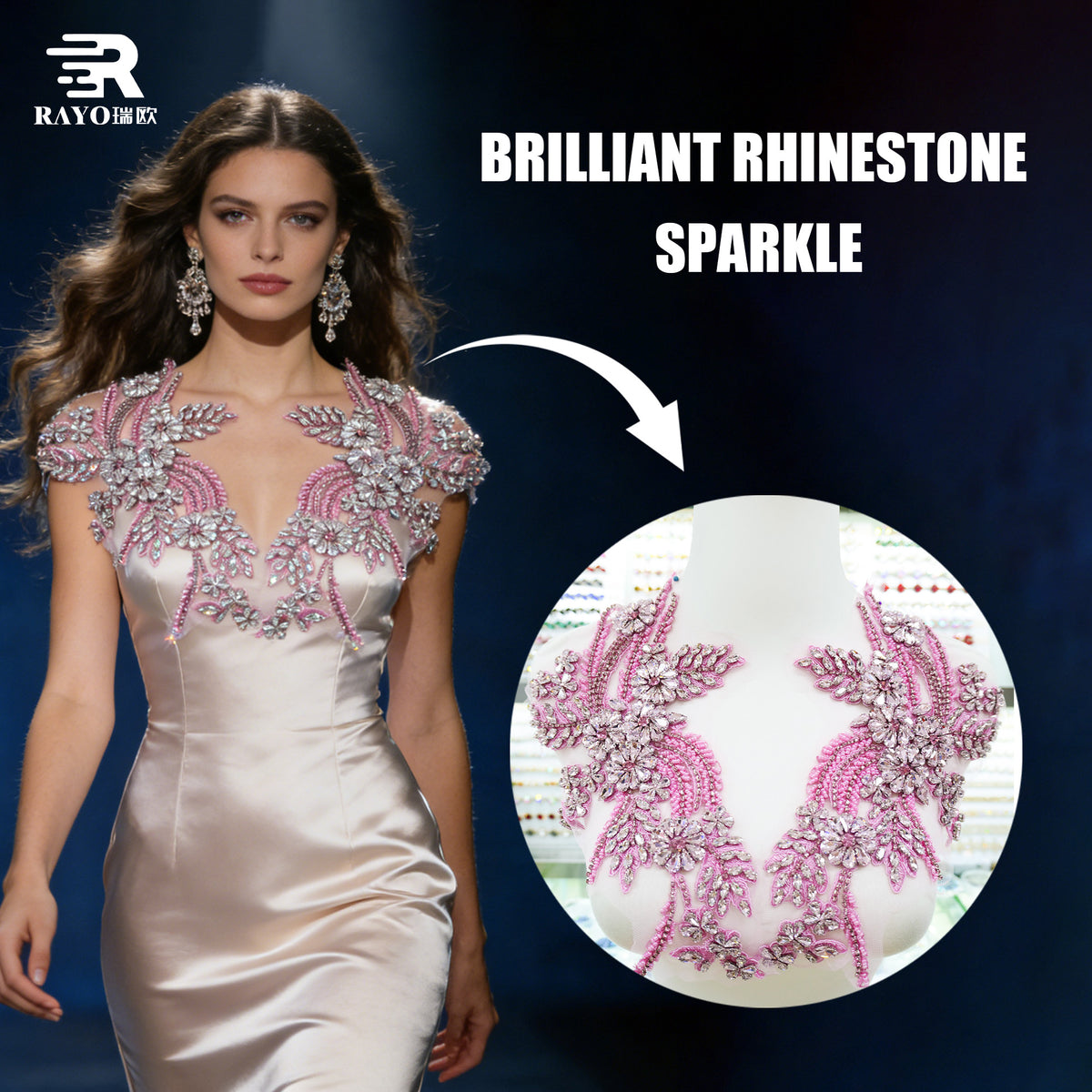 RAYO New Luxury Handmade 3D Rhinestone Applique Adhesive Mesh Base Sew On Glue On Crystal Patch For Wedding Evening Dress Stage Costume DIY Clothing Decoration