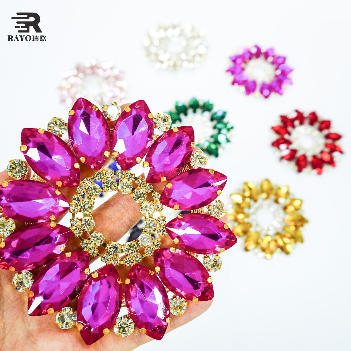 RAYO Colorful Round Flower Rhinestone Applique 11x11cm Flatback Sew On Glue On Crystal Patch For Women Dress Bags Shoes Clothes DIY Decoration