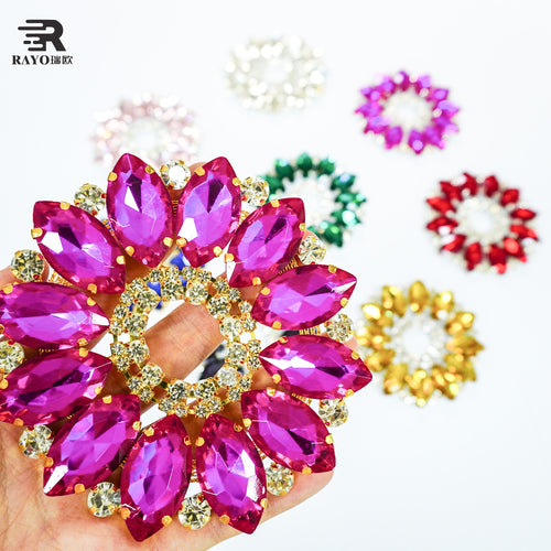 RAYO Colorful Round Flower Rhinestone Applique 11x11cm Flatback Sew On Glue On Crystal Patch For Women Dress Bags Shoes Clothes DIY Decoration