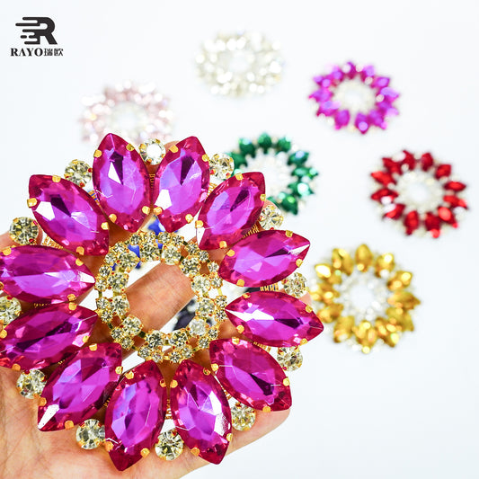 RAYO Colorful Round Flower Rhinestone Applique 11x11cm Flatback Sew On Glue On Crystal Patch For Women Dress Bags Shoes Clothes DIY Decoration