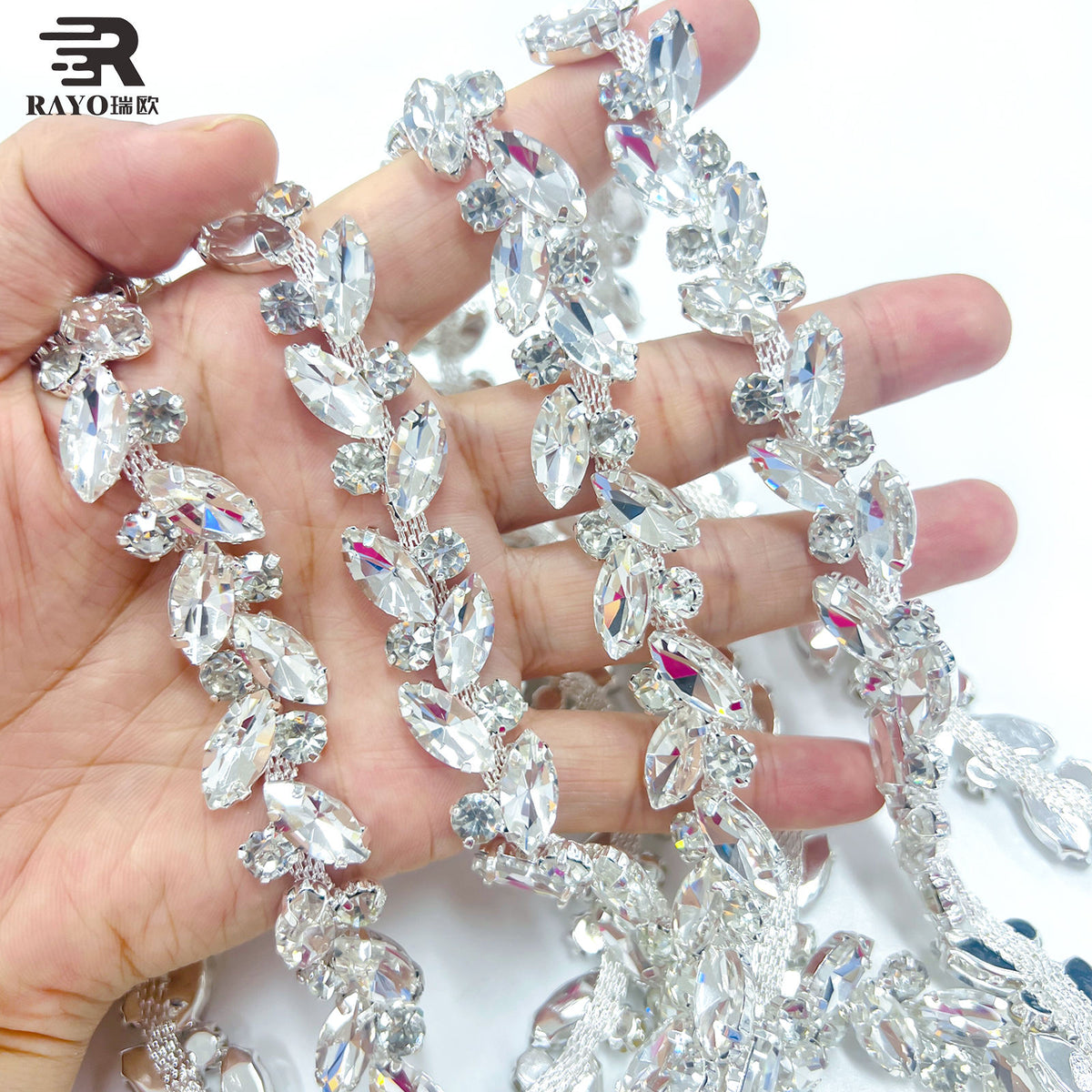 RAYO Silver Base Marquise Crystal Claw Chain Roll Trim Sew On For Wedding Evening Dress Shoes Bags DIY Garment Decoration