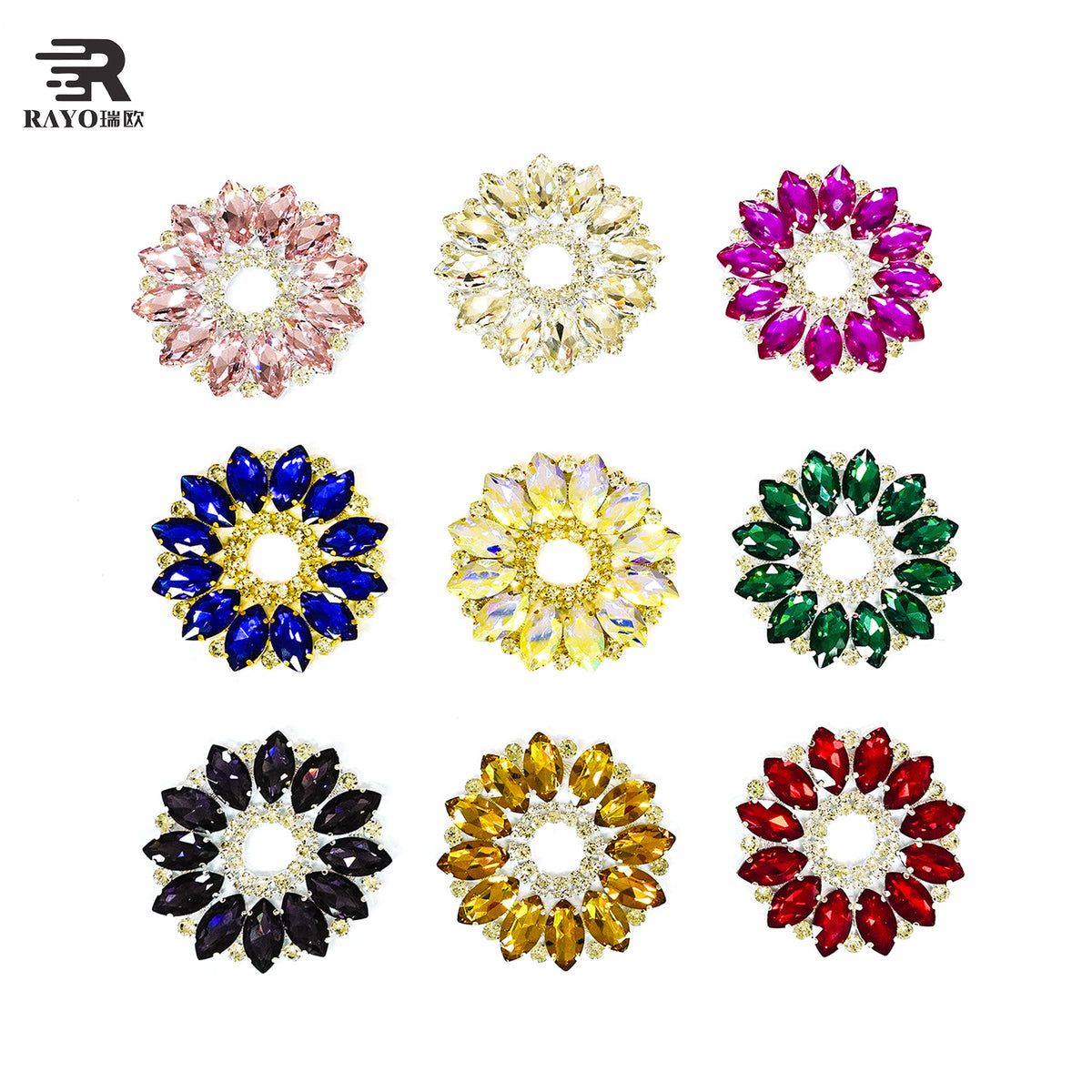 RAYO Colorful Round Flower Rhinestone Applique 11x11cm Flatback Sew On Glue On Crystal Patch For Women Dress Bags Shoes Clothes DIY Decoration