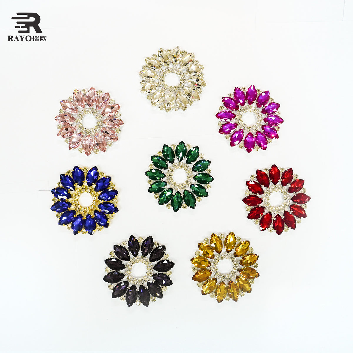 RAYO Colorful Round Flower Rhinestone Applique 11x11cm Flatback Sew On Glue On Crystal Patch For Women Dress Bags Shoes Clothes DIY Decoration