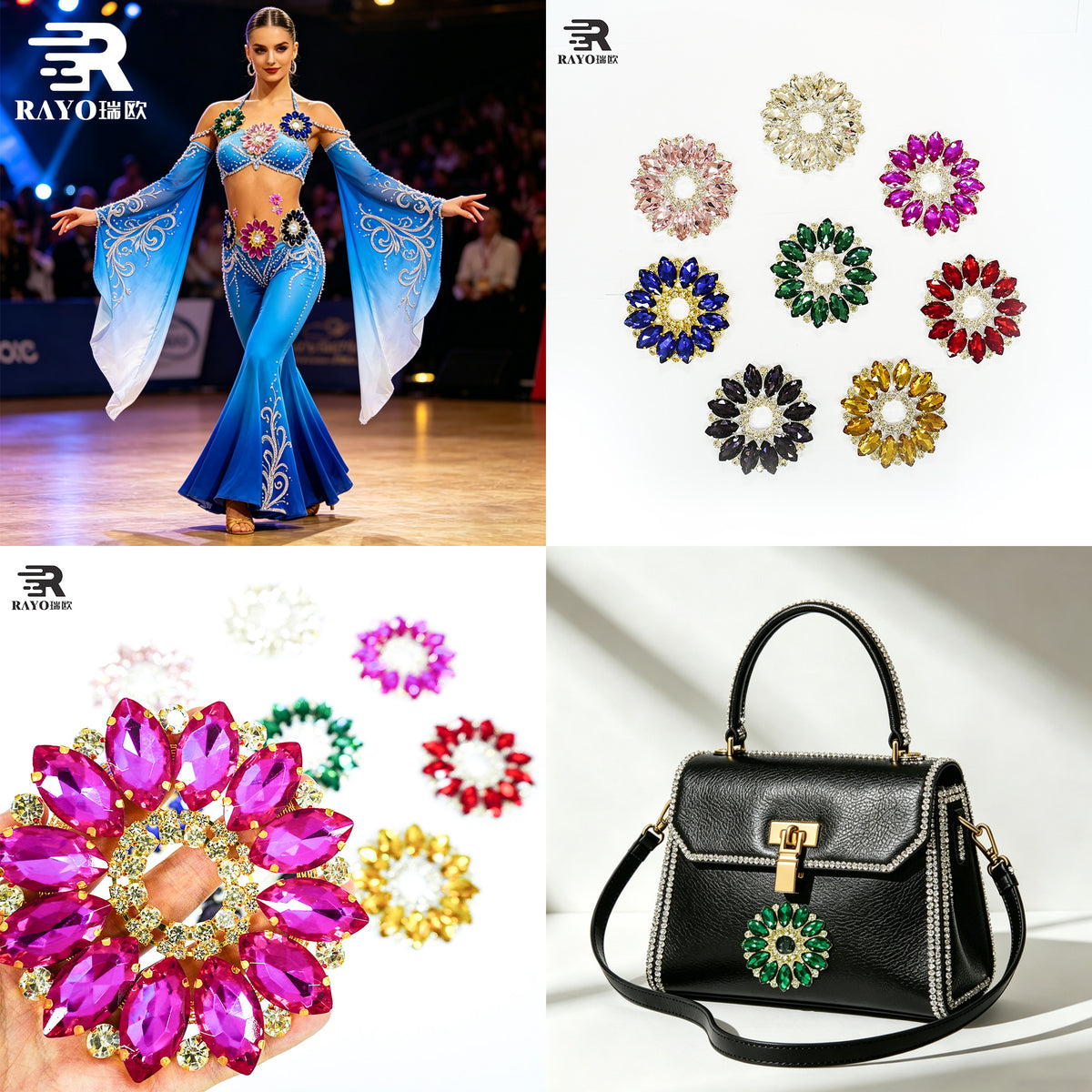 RAYO Colorful Round Flower Rhinestone Applique 11x11cm Flatback Sew On Glue On Crystal Patch For Women Dress Bags Shoes Clothes DIY Decoration